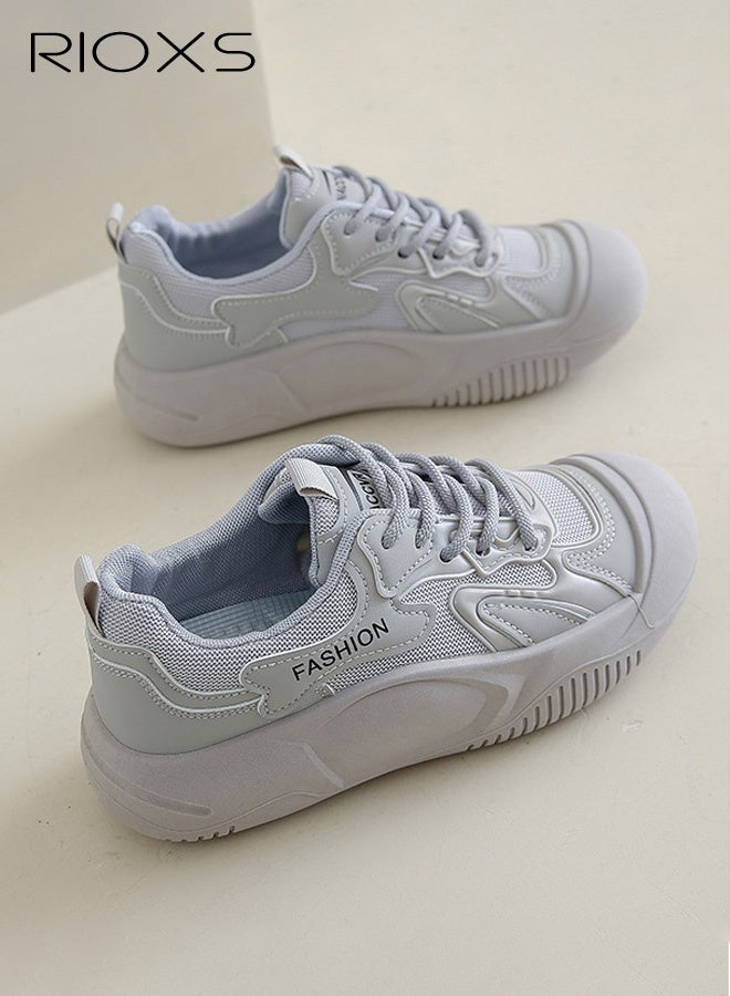 RIOXS Women's Breathable Casual White Sneakers, Fashionable Lace-Up Low-Top Thick-Sole Shoes, Classic Round Toe Comfortable Thick Sole, Versatile Everyday Style for Fashion and Practicality, Grey - Image 4